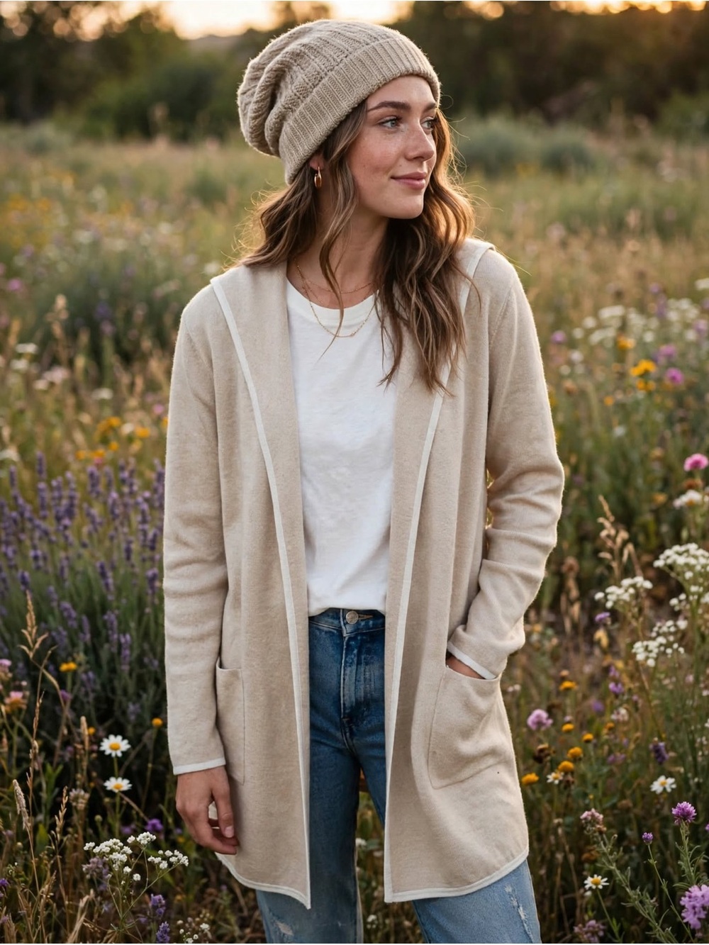 Tahari Beige Open-Front Cardigan with Contrast Trim